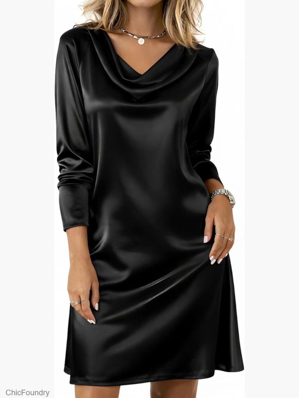 Satin Long Sleeve Cowl Neck Mini Dress Formal Cocktail Party